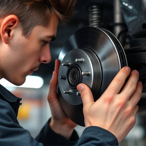 Close-up of a mechanic inspecting brake rotors