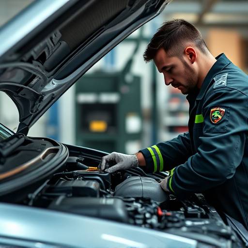 Mechanic using a diagnostic tool on a car engine